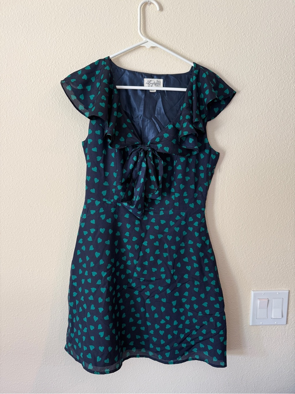 Boutique 21 Navy Mini Dress with Teal Heart Print & Tie Front